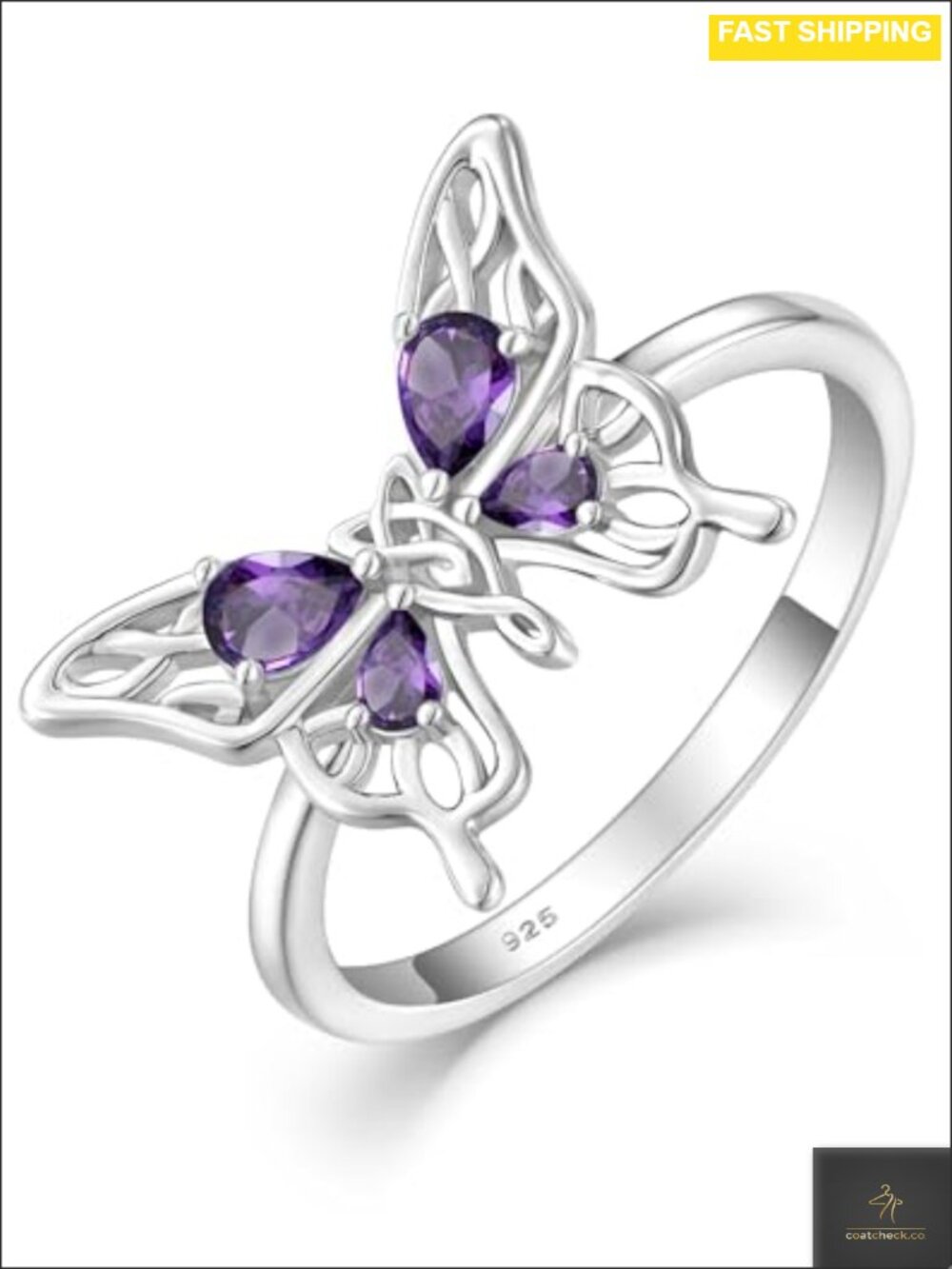 Sterling Silver Butterfly Statement Ring 18K White Gold Plated Teardrop